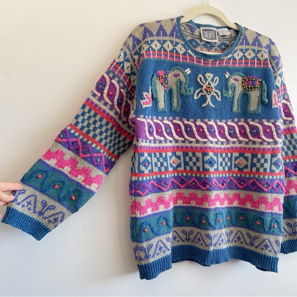 Vintage Sigrid Olsen Sweater elephant Boho 3D knit beaded dopamine colorful fun - Picture 2 of 9